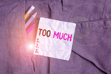 Word writing text Too Much. Business photo showcasing an intolerable impossible or exhausting...