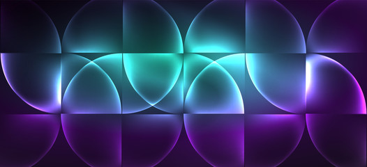 Neon glowing techno lines, hi-tech futuristic abstract background. Template with abstract shapes in dark space