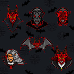 The dracula vampire face and bat vampire logo mascot icon set on Halloween festival with black background and bats pattern