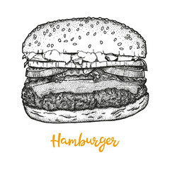 Hamburger, big burger on a white background. Hand drawn with pen and black ink vector illustration, realistic sketch.