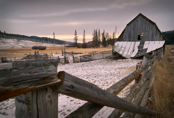 Fototapeta na wymiar Winter Ranch Nicola Valley Merritt. An old, weathered barn in the Nicola Valley, British Columbia, Canada.