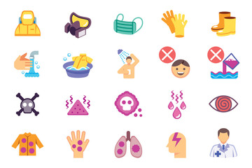 The protection and care when using pesticides or dangerous chemistry. flat color icon.