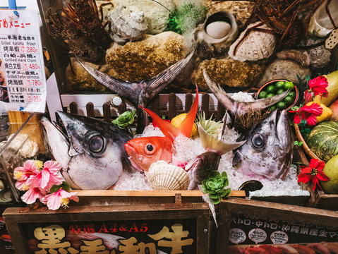 Okinawa Restaurant Fresh Seafood Display Delicious Menu Cooking From Fresh Fish. Okinawa Japan