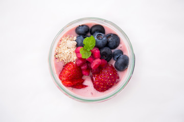 Chia pudding and banana smoothie with blueberries