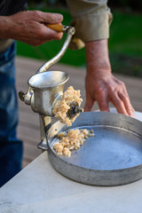 Senior man using manual grinder to grind up fresh razor clams for chowder, catch pan, and table