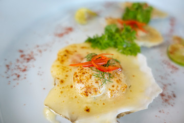 Seared scallops shell with butter, garlic , fried scallop on a white plate.