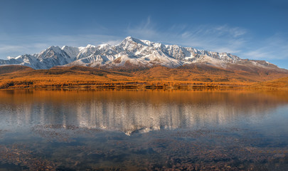 mountains lake snow reflection forest autumn