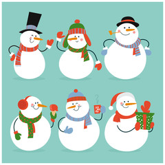 Set of winter holidays snowman in different costumes