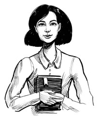 Pretty woman with a book. Ink black and white drawing