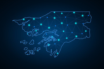 Map of Guinea Bissau from Polygonal wire frame low poly mash, contours network line, luminous space stars, design sphere, dot and structure. Vector Illustration EPS10. - Vector
