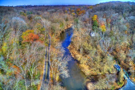 Aerial View of Woods and Stream Fall Colors