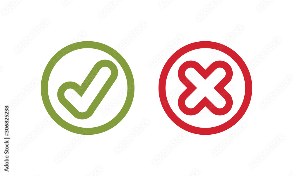 Poster tick and cross signs. green checkmark ok and red x icons, simple marks graphic design. circle symbol