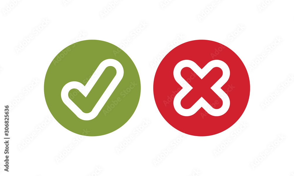 Poster tick and cross signs. green checkmark ok and red x icons, simple marks graphic design. circle symbol