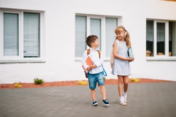 Two little friends go to school. Schoolchildren. back to school