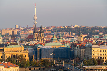 Top view of old town, red roofs and ancient building of Church of Mother of God before Tyn, skyline in Prague,Czech republic