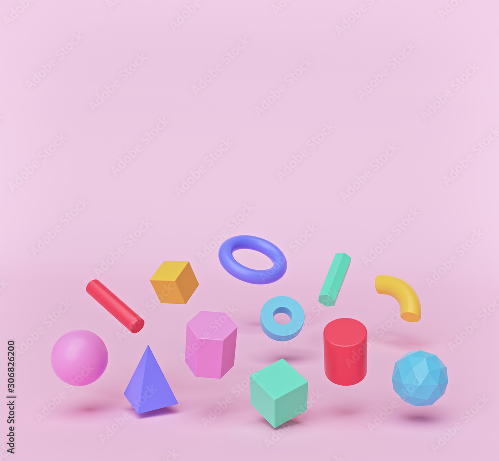 Poster colorful geometric shapes set floating on pastel pink background. minimal concept with copy space. m