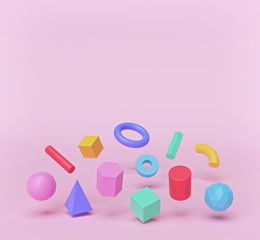 colorful geometric shapes set floating on pastel pink background. minimal concept with copy space. multicolored Three dimensional objects. 3d rendering