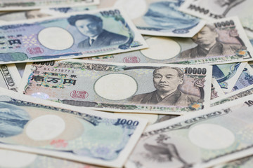 Many of the Japanese yen bank notes currency.Japanese yen notes. Currency of Japan.money of japan.Pile of various currencies isolated on white background.