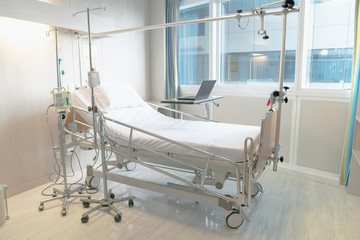 Soft focus background of electrical adjustable patient bed in hospital room