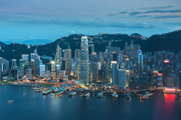Victoria harbor of Hong Kong city at dusk