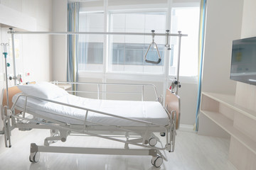 Soft focus background of electrical adjustable patient bed in hospital room