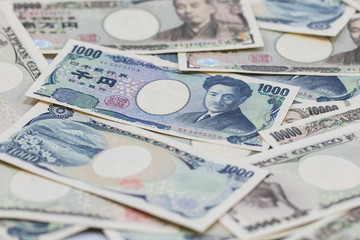 Many of the Japanese yen bank notes currency.Japanese yen notes. Currency of Japan.money of japan.Pile of various currencies isolated on white background.