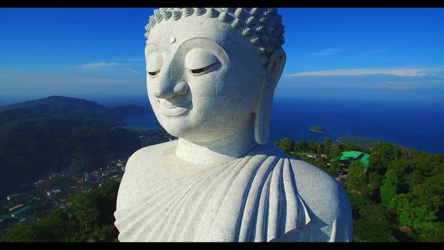 aerial view close up at Phuket big Buddha statue on the top of mountain