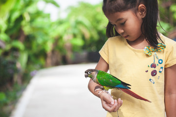 Beautiful little parrot birds standing on child hand. Asian child girl play with her pet parrot...
