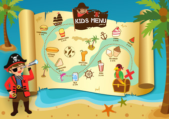 Pirate boy look at the kids menu map on the beach