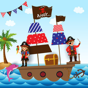 Illustration vector of Pirate ship with boy and girl on the ocean.