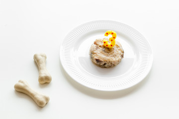 Birthday treat for puppy concept. Dog feed, candle in shape of number three, bones on white background