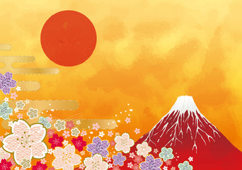 初日の出と赤富士と海：年賀状　赤富士　富士山　ご来光　初日の出　太陽