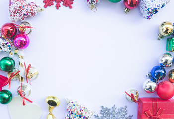 Christmas composition. Gifts, fir tree branches, red decorations on white background. top view, copy space