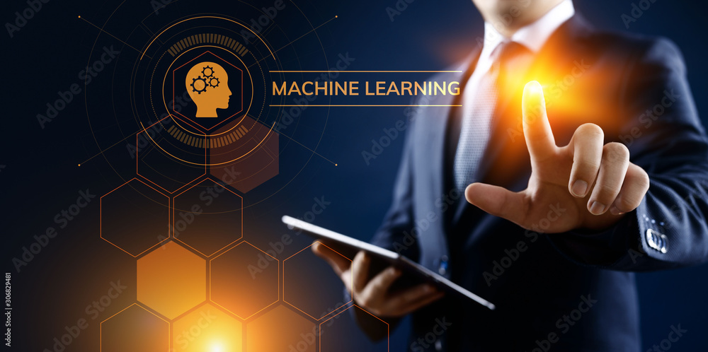 Poster machine learning artificial intelligence concept. businessman pressing virtual button.