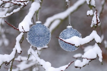 Christmas balls with beads decor on  branches in the winter garden background.Christmas and New...