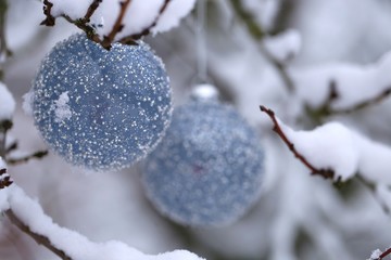 Christmas balls with beads decor on snowy branches in the winter garden background.Christmas and New Year winter festive background.IPhone Wallpaper. Winter festive decor 