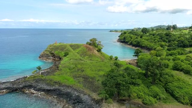 Aerial over tropical Blue lagoon beach, São Tomé Island