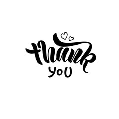 Thank you - vector illustration with hand lettering. Black inscription with hearts on a white background. For bag, package, banner, poster, postcard, flyer, family photo album, cafe