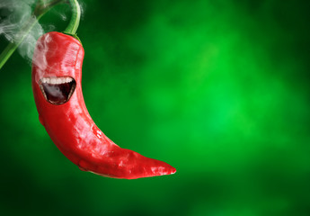 Chili pepper having a mouth with smoke coming out of it