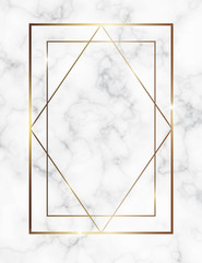 Marble background with gold geometric frame. Luxury template for wedding invitation cards with white marble texture and golden geometric pattern.