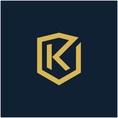 initial Letter K with Shield frame line art element. Shield Line geometry  for Security logo. Logo Icon Template for Web and Business Card, Letter Logo Template on Black Background. - vector