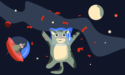 a gray kitten in an oxygen helmet and a mouse in a spaceship in space catch fish. Sweet fantasy. vector flat illustration. use as a print or design your cards or website