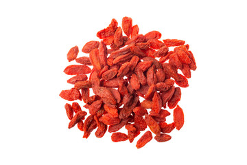 Top view image of goji dried berries group isolated ay white background. Supefood, detox and...