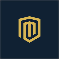 initial Letter M with Shield frame line art element. Shield Line geometry  for Security logo. Logo Icon Template for Web and Business Card, Letter Logo Template on Black Background. - vector