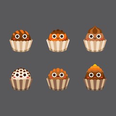 Chocolate cute candies, Flat Character, Vector illustration of different shapes and kinds of chocolate candies. 