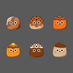 Chocolate cute candies, Flat Character, Vector illustration of different shapes and kinds of chocolate candies. 