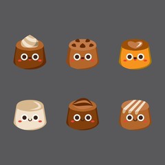Chocolate cute candies, Flat Character, Vector illustration of different shapes and kinds of chocolate candies. 
