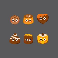 Chocolate cute candies, Flat Character, Vector illustration of different shapes and kinds of chocolate candies. 