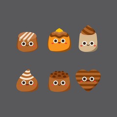 Chocolate cute candies, Flat Character, Vector illustration of different shapes and kinds of chocolate candies. 