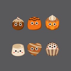 Chocolate cute candies, Flat Character, Vector illustration of different shapes and kinds of chocolate candies. 